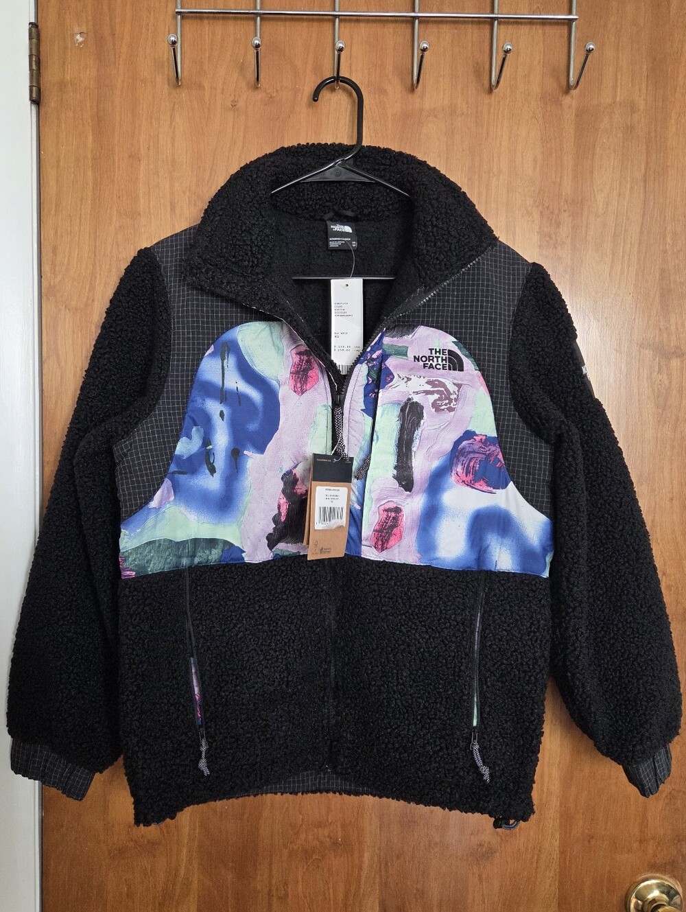 The North Face Women's Black Sherpa Jacket with Multicolor Abstract Chest